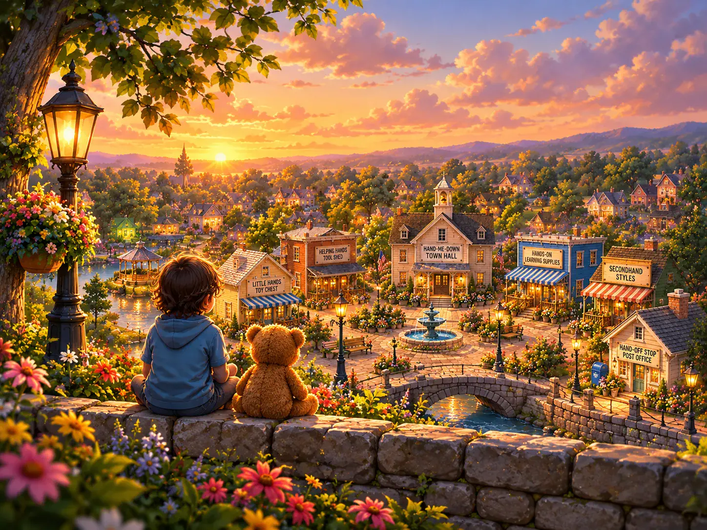 A child and teddy bear looking over the town at sunset.