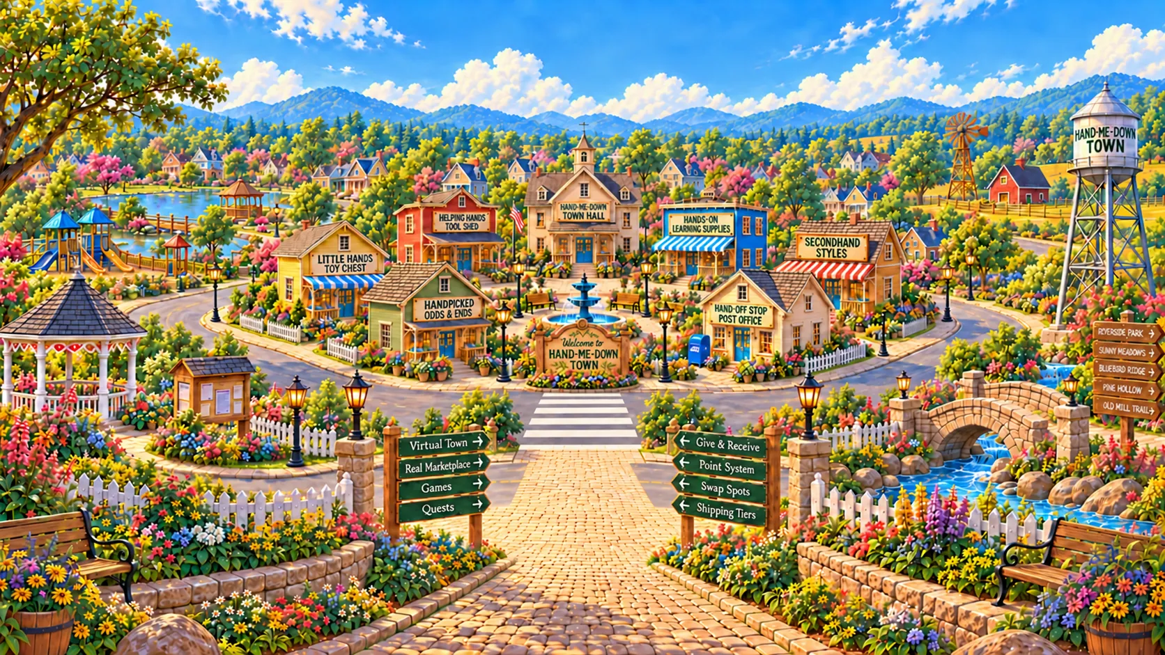 The complete Hand-Me-Down Town, with eight wooden signposts inviting you into its marketplace, games, quests and family exchanges.