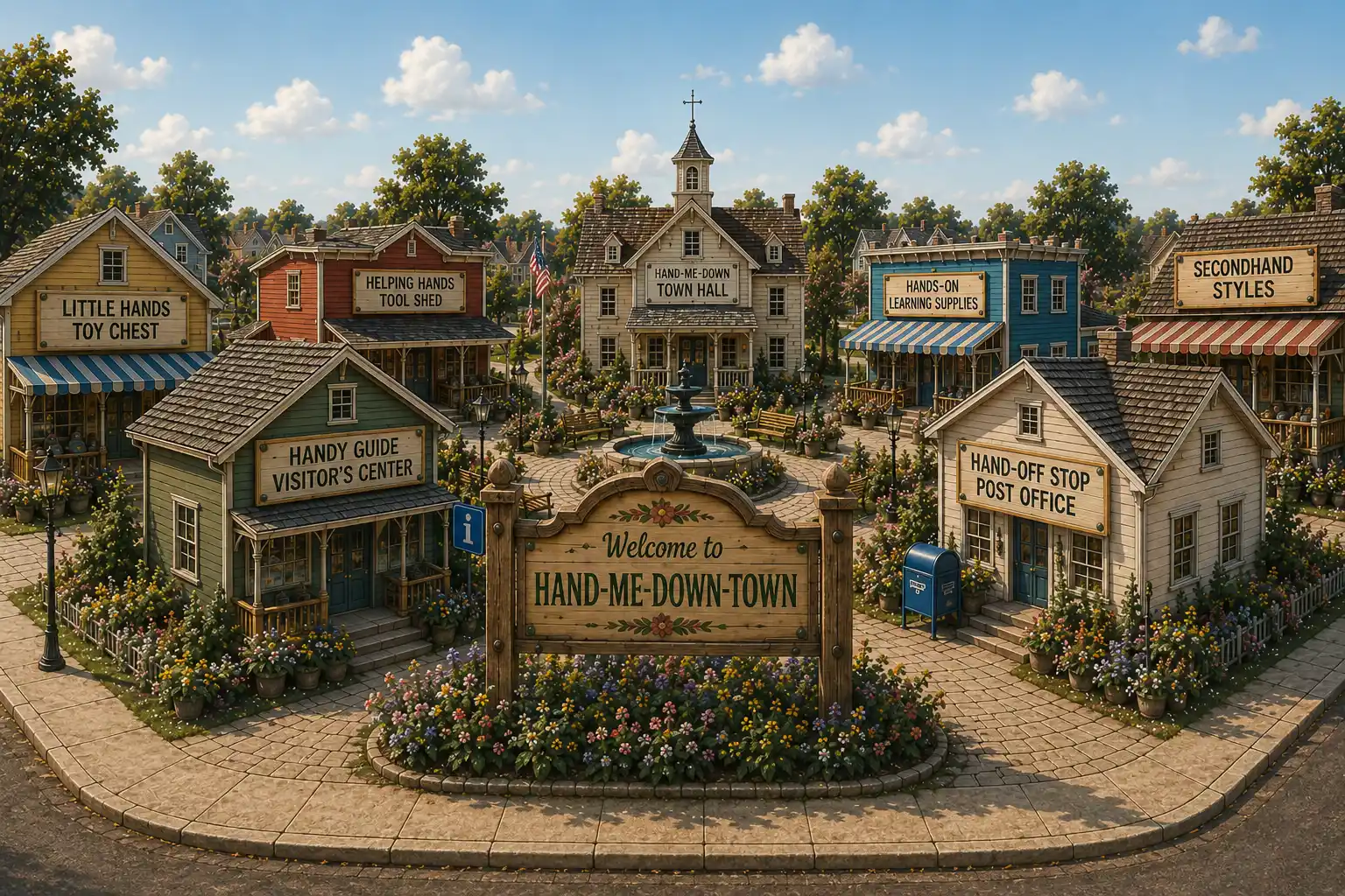 The welcoming town square, with shops, Town Hall, the visitor's center, Post Office, and a flower garden around the welcome sign.