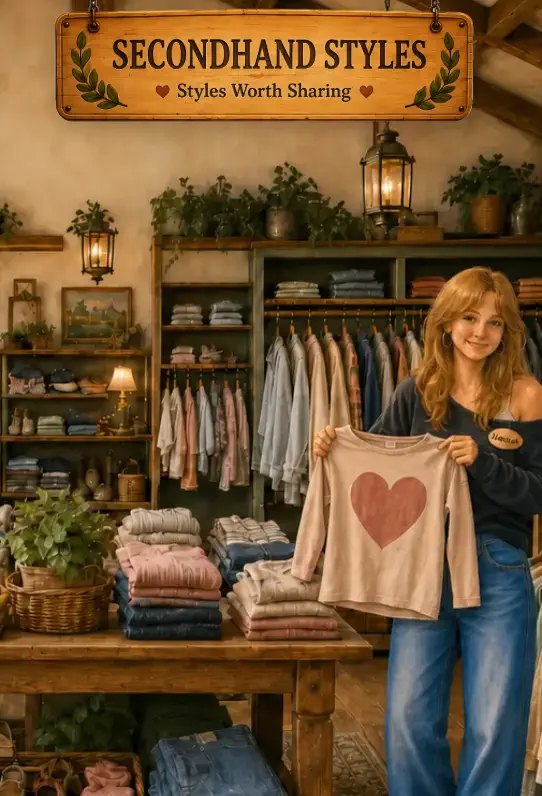 Inside Secondhand Styles, a shopkeeper holds up a heart patterned shirt beside shelves and racks of clothing.