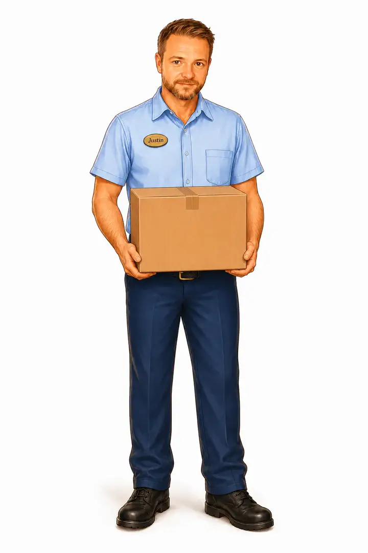 Postman Justin, holding a Hand-Me-Down Town parcel.
