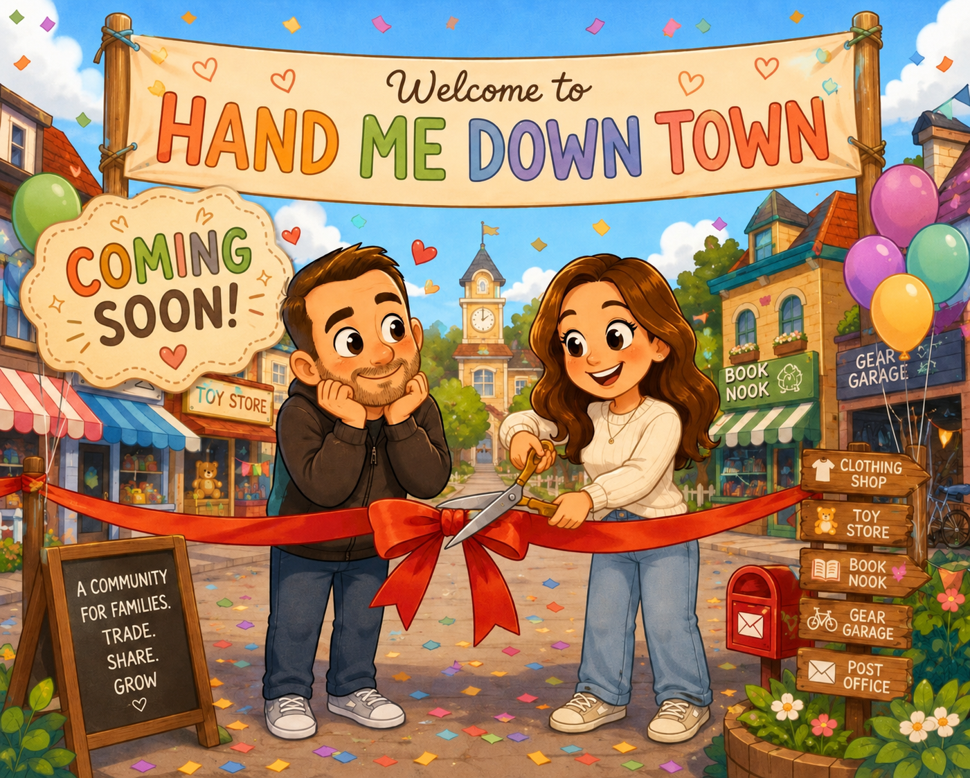 Illustration of two parents cutting a ribbon at the grand opening of Hand Me Down Town, a friendly community marketplace.